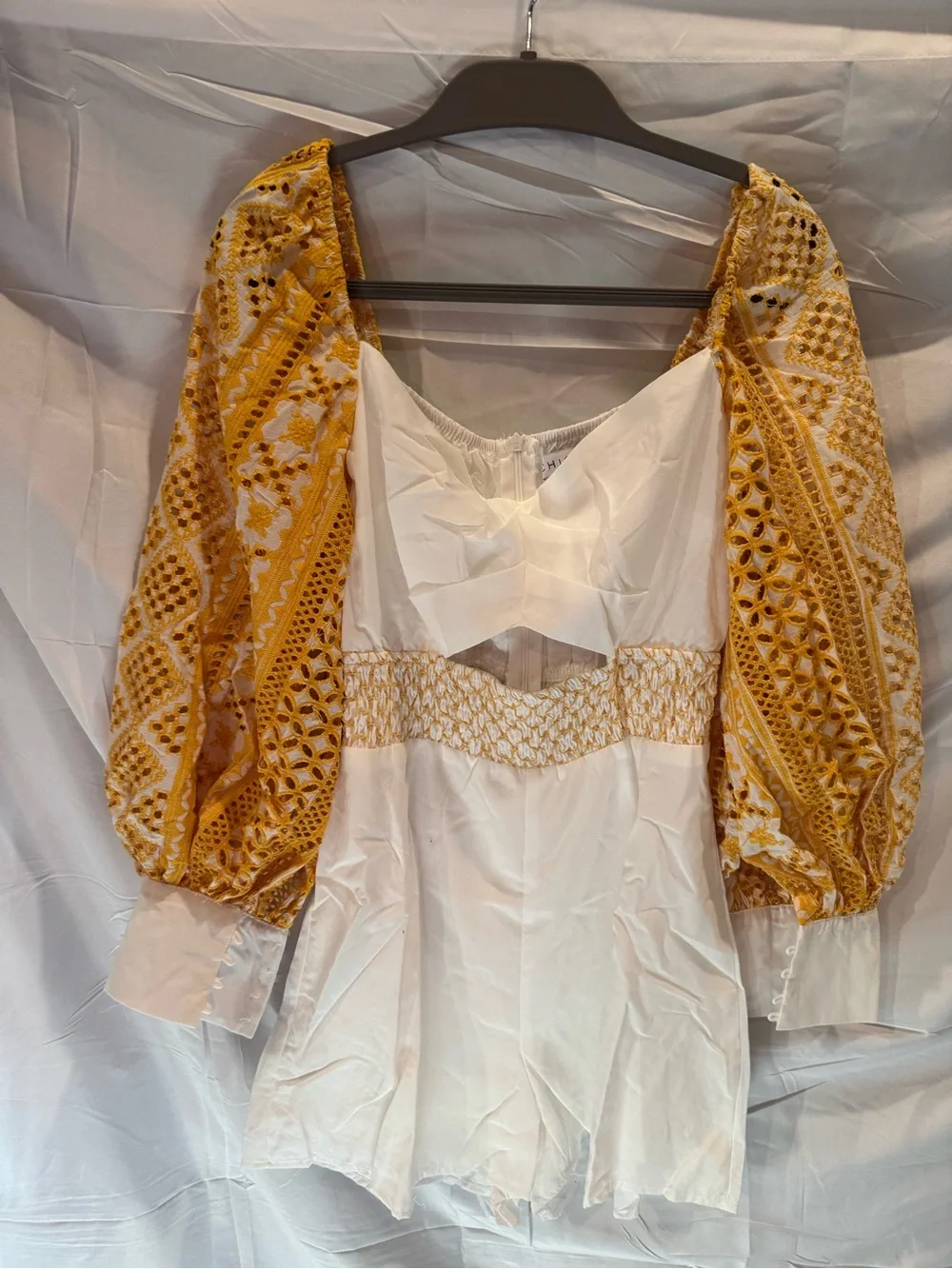 CHicways White Mini Boho Romper  with Yellow Embroidered Puff Sleeves
